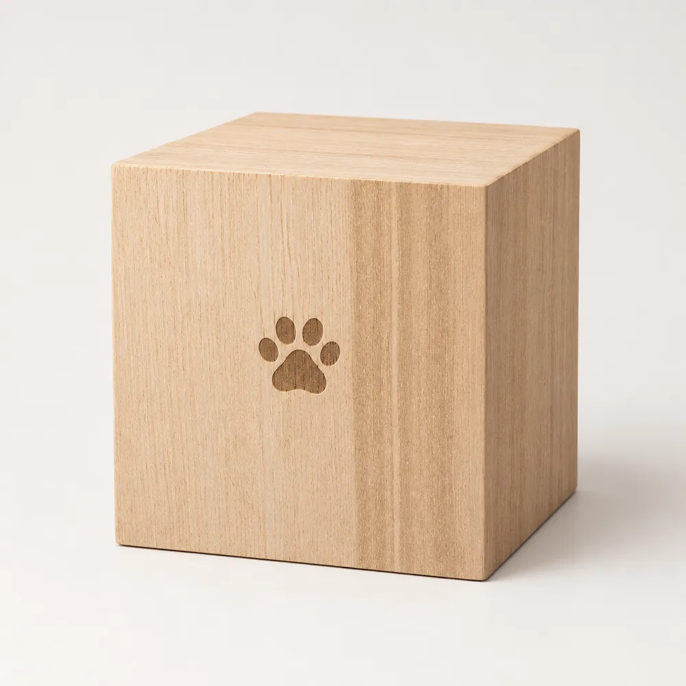 Houten KWISP-urne: een kubus in licht hout met een ingebrand pootje